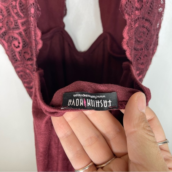 FASHION NOVA Burgundy Lace and Faux Suede Criss Cross Front and Back Dress MED - Picture 4 of 6